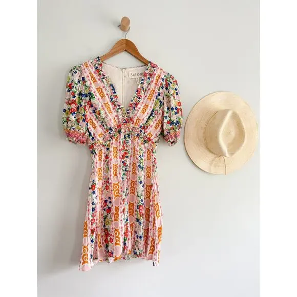 SaloniLea Smocked Floral-print Ecovero-blend Crepe Mini DressSz 0